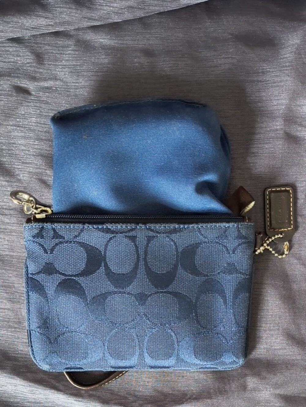 Coach Navy Blue Signature Canvas Wristlet with Brown Leather Strap - Picture 5 of 5